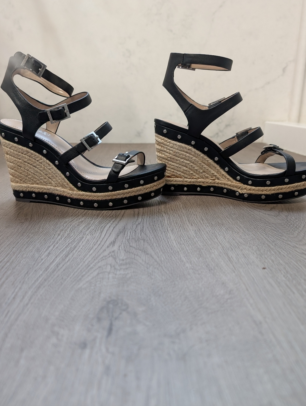 Charles by Charles David Black Studded Espadrille Wedge Sandals Size 8